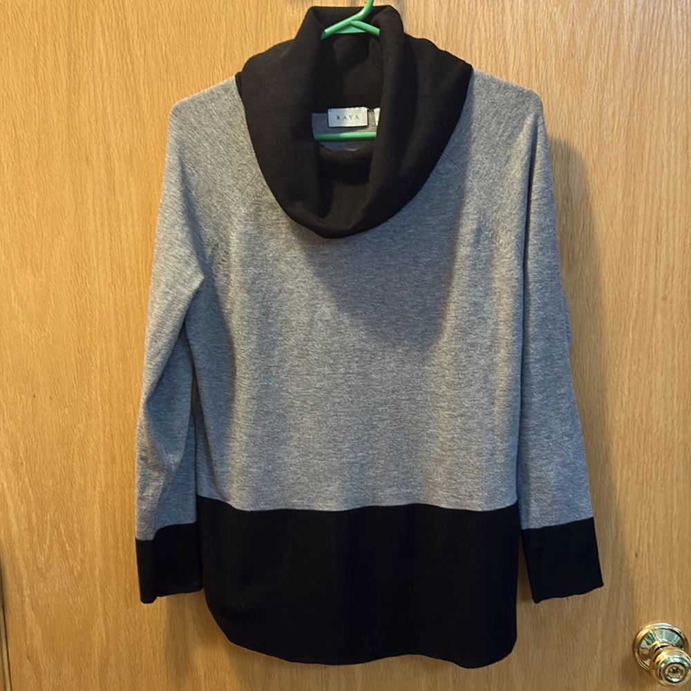 Raya gray and black cowl neck sweater.